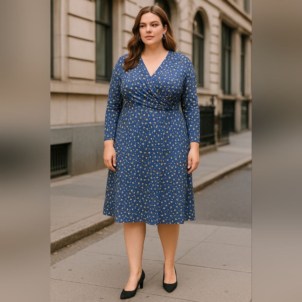 Anne Klein Blue Faux Wrap Dress 2X Plus Size Knee Length 3/4 Sleeve V-Neck